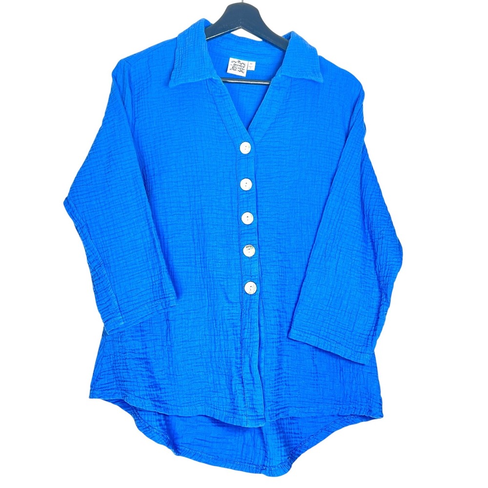 Parsley & Sage‎ Womens Blue Cotton Gauze Button Front Shirt 3/4 Sleeve Size M